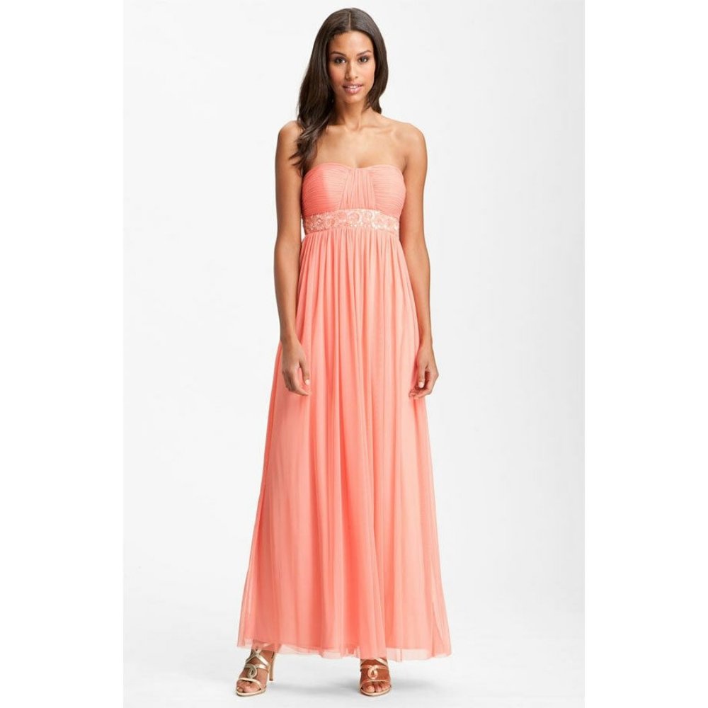 NWOT JS Boutique Strapless Beaded Mesh Gown Dress Soft Peach 10